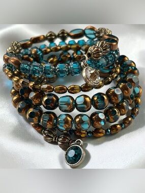 Vintage Teal Bronze Beaded Memory Wire Wrap Bracelet Boho Stack